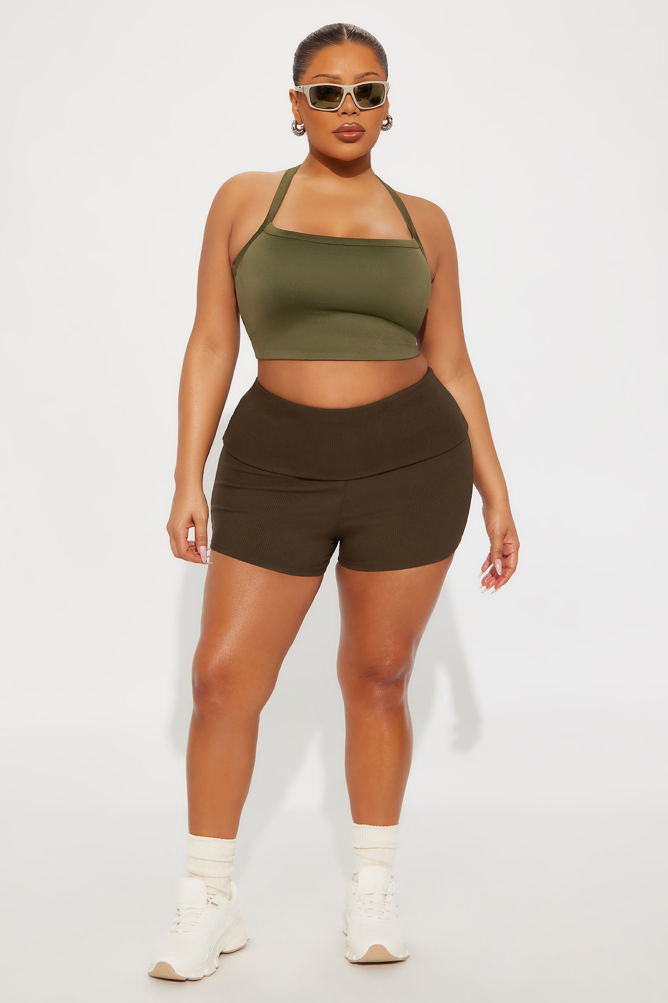 Contour Double Lined Cropped Halter Top - Military Green