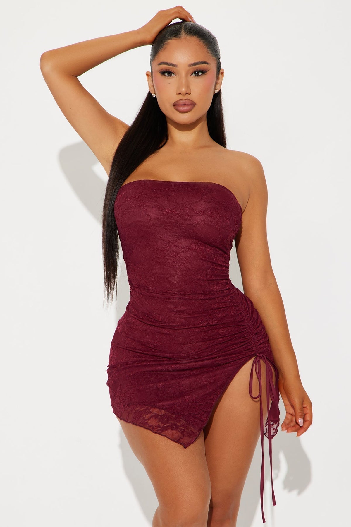 Aia Asymmetrical Lace Mini Dress - Wine