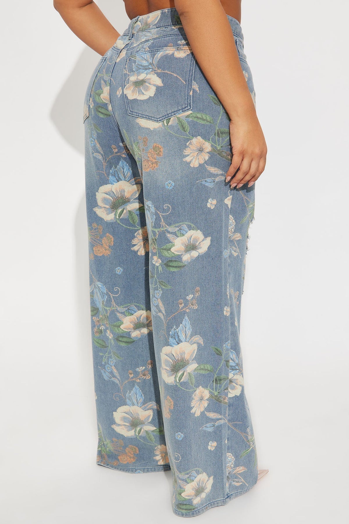 Blooming Love Floral Ripped Wide Leg Jeans - Medium Wash