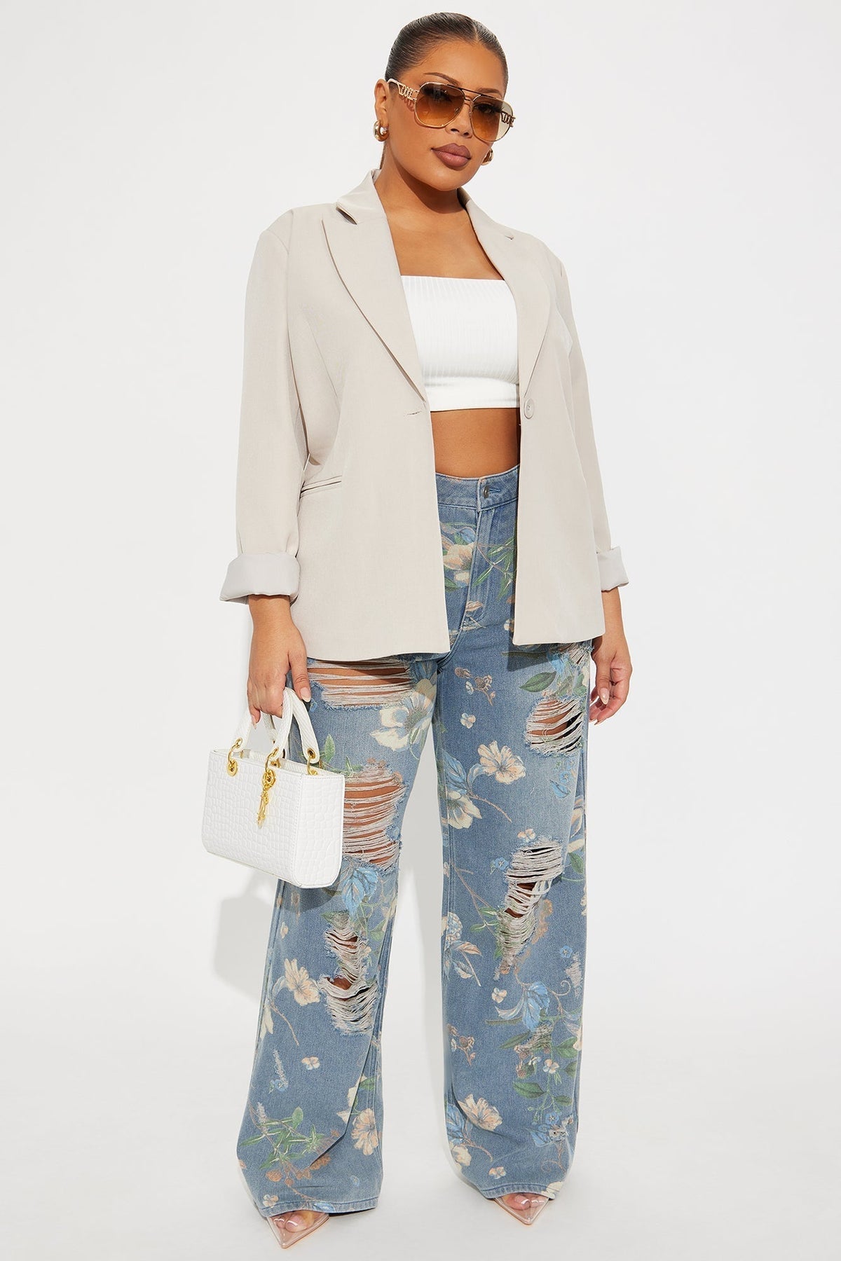 Blooming Love Floral Ripped Wide Leg Jeans - Medium Wash