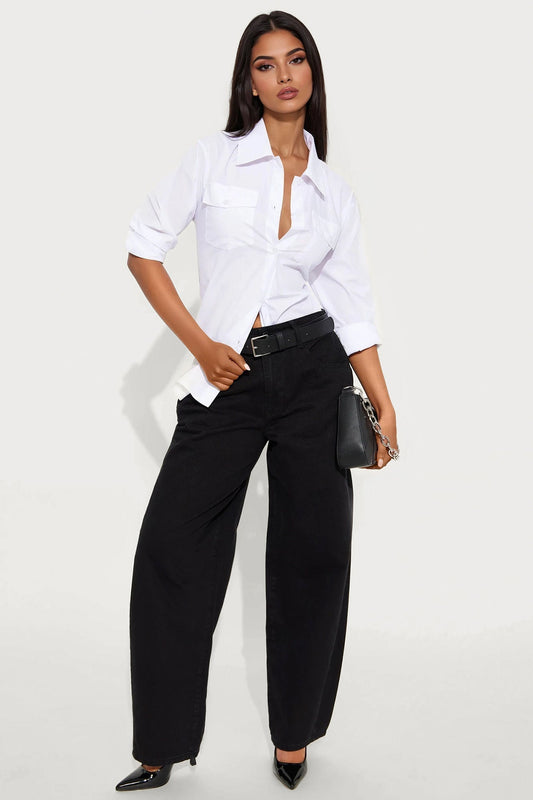 Alexandra Twill Wide Leg Barrel Pant - Black