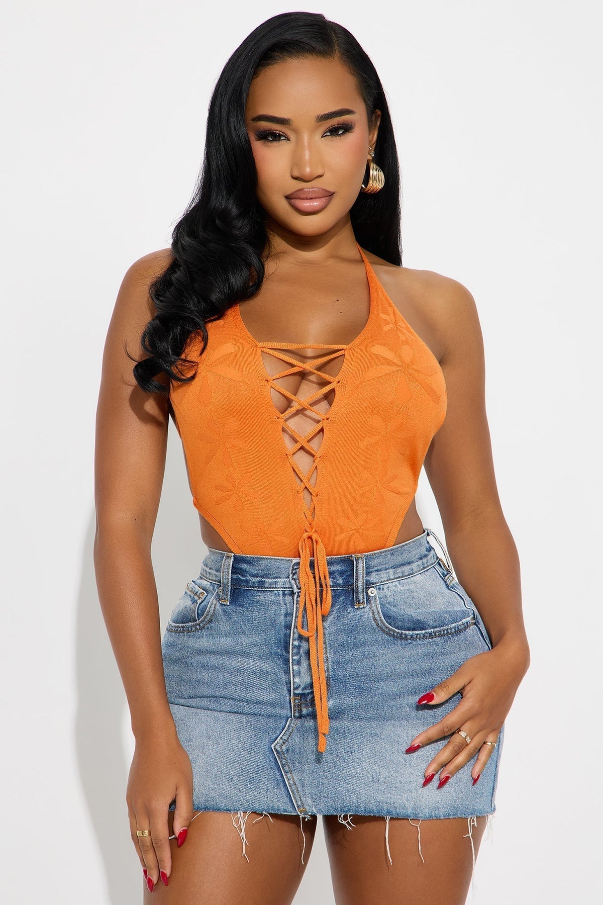 Solo Traveler Lace Up Halter Bodysuit - Orange