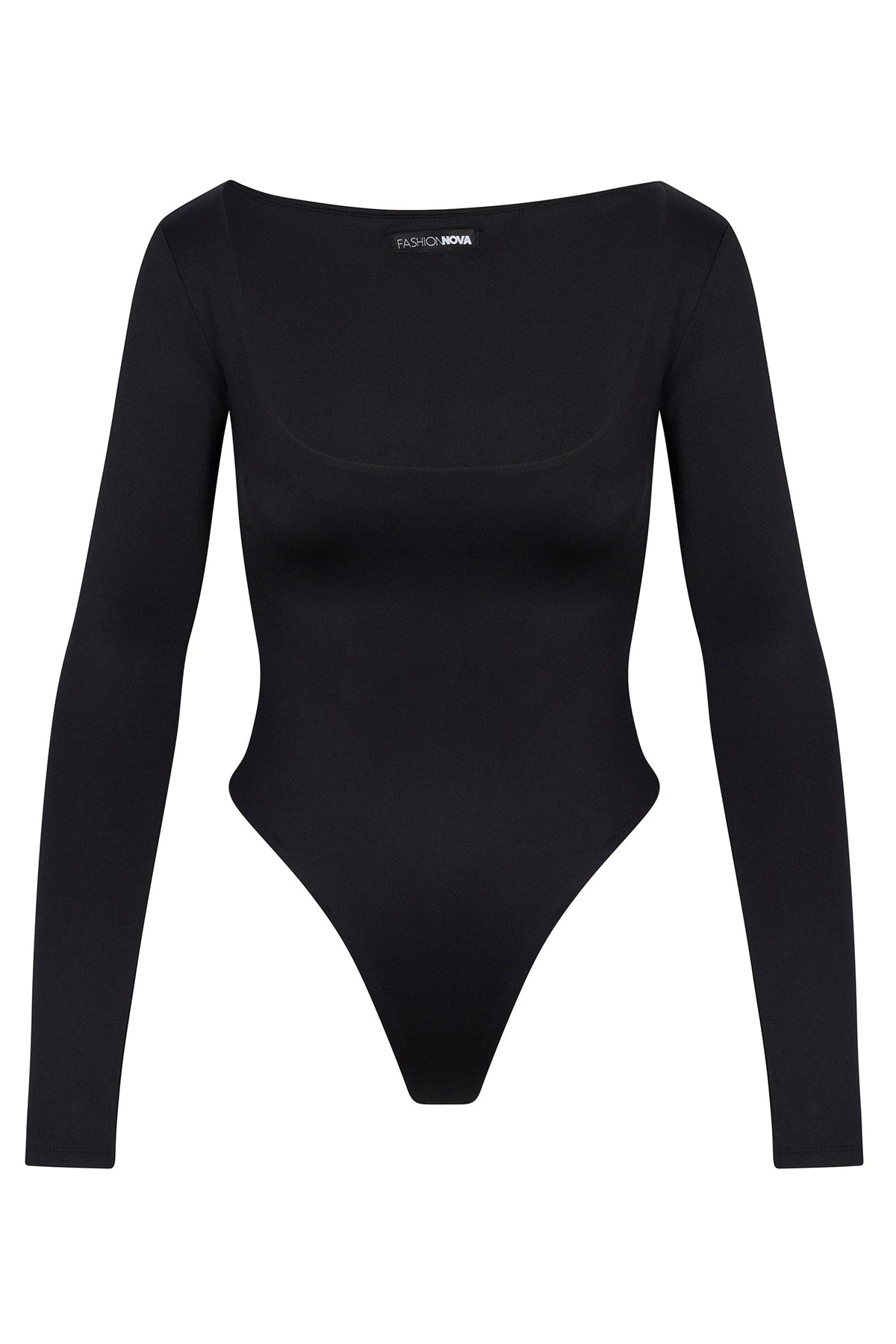 Contour Double Lined Long Sleeve Wide Scoop Neck Bodysuit - Black