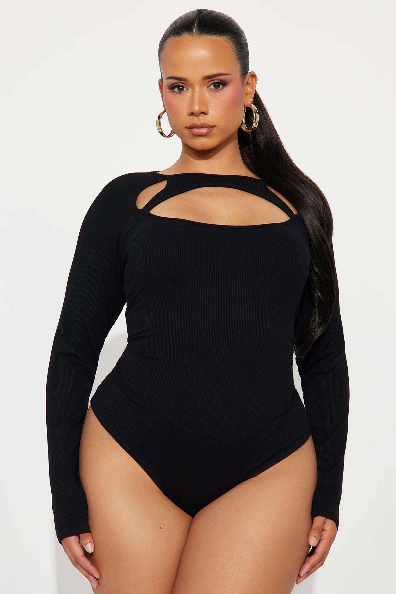 Kaz Ribbed Long Sleeve Cut Out Bodysuit - Black