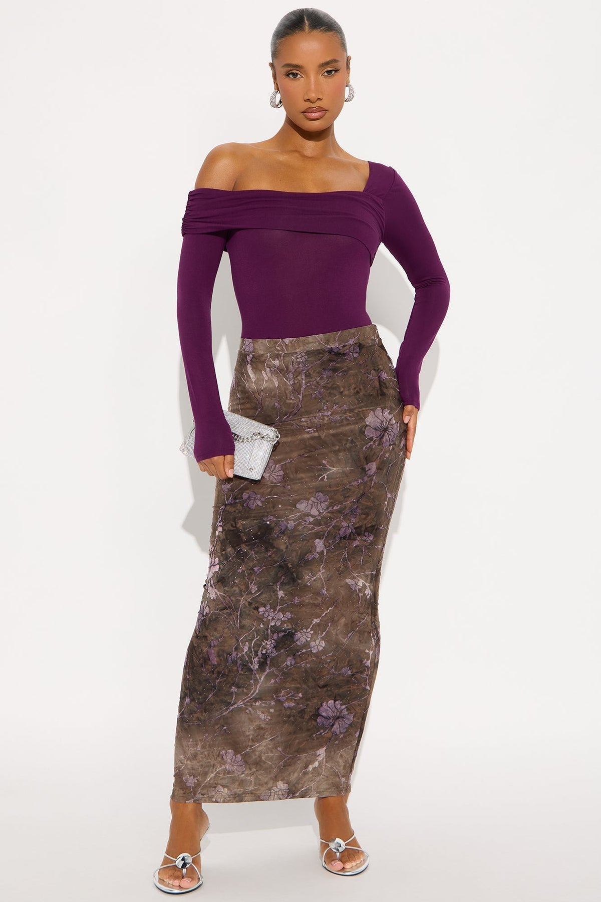 Isabella Floral Shimmer Velvet Maxi Skirt - Grey/combo
