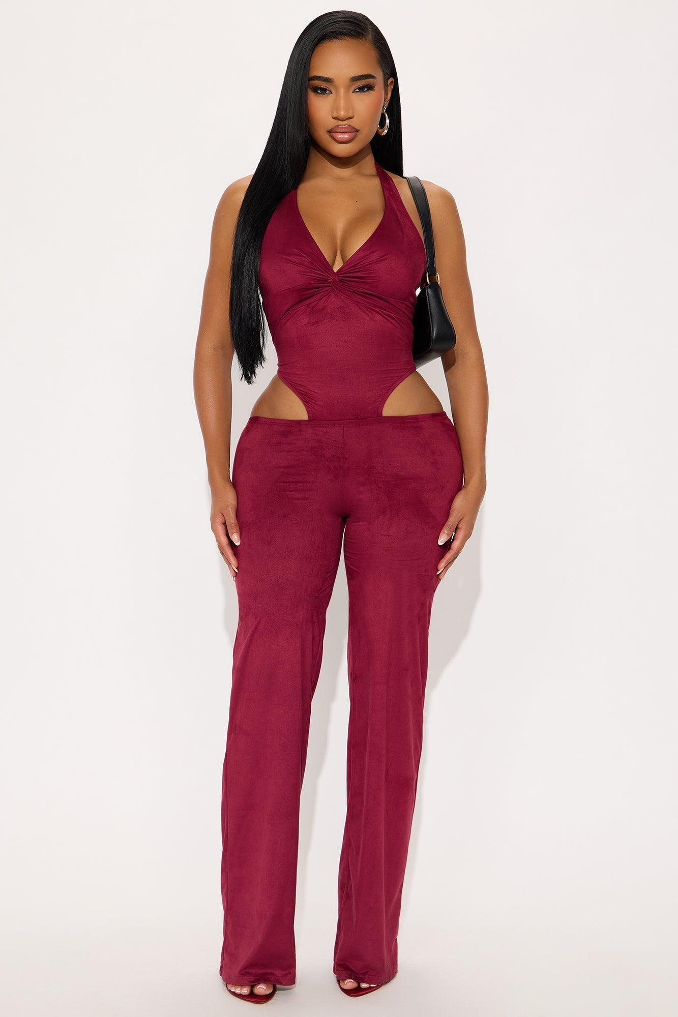 Lianna Faux Suede Halter Jumpsuit - Burgundy