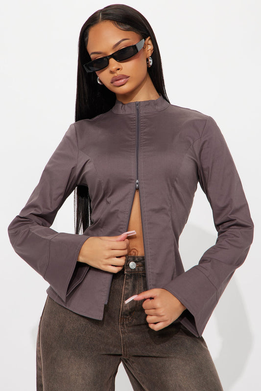 Kara Poplin Zip Up Shirt - Grey