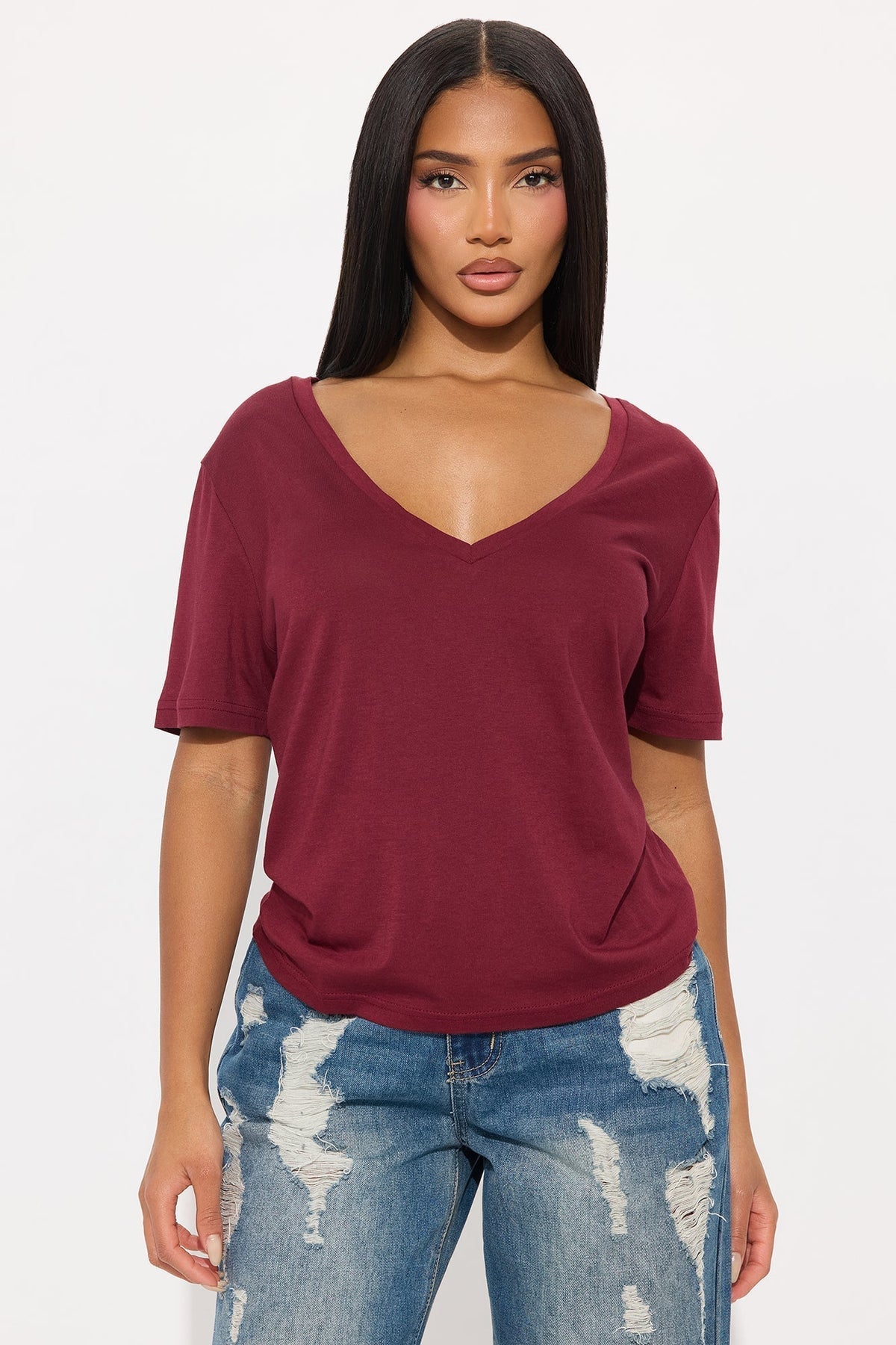 Ava V-Neck Tee - Burgundy