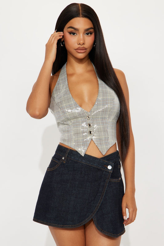 Feel The Sparks Plaid Sequin Vest - Grey/combo