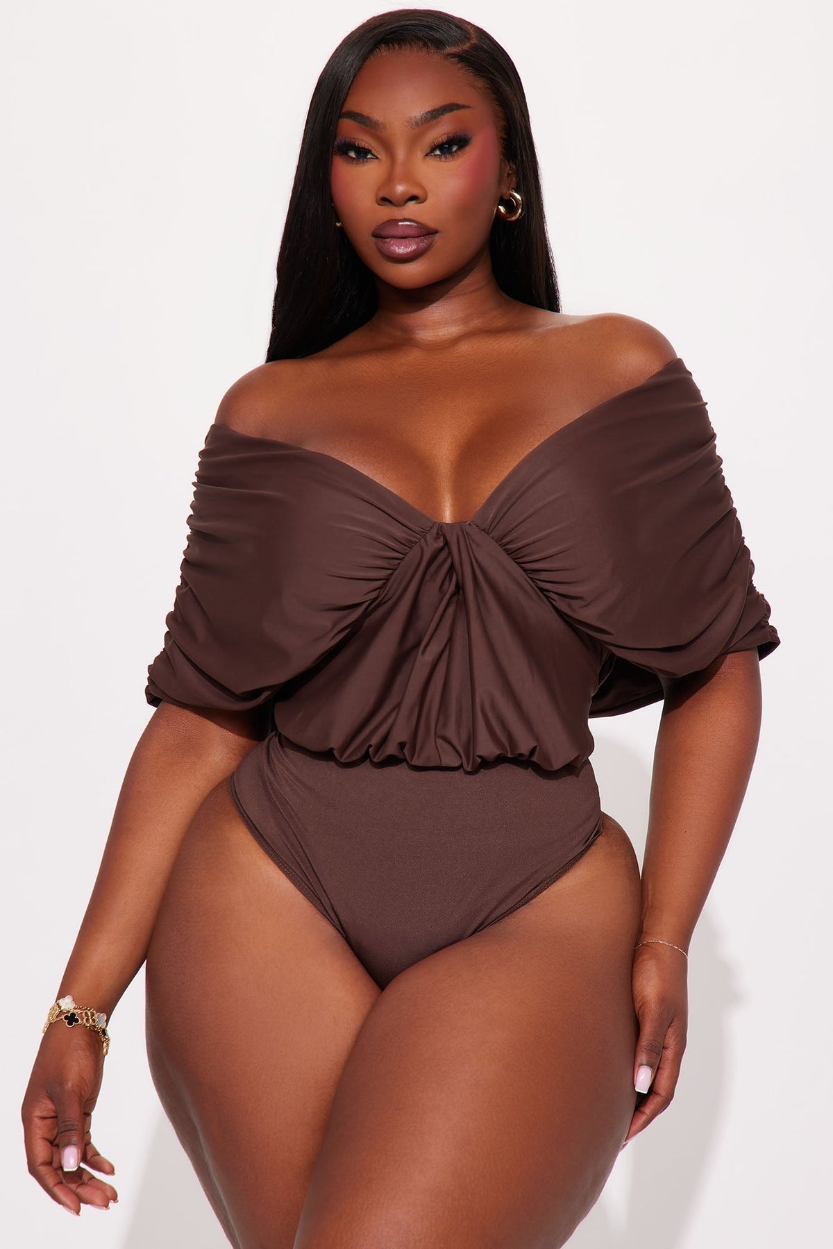 True Rival Ruched Off Shoulder Bodysuit - Brown