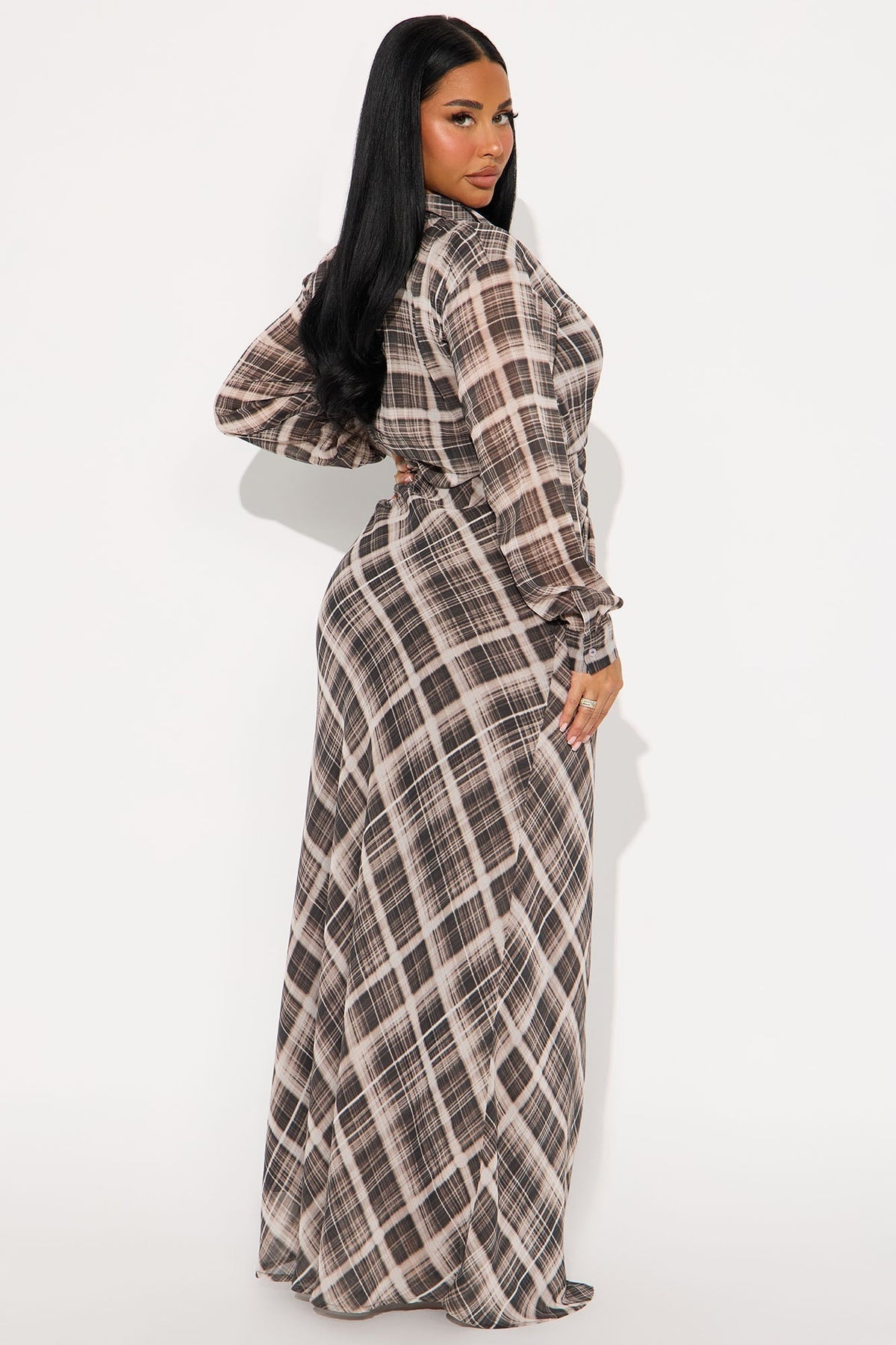 Anastasia Plaid Chiffon Maxi Shirt Dress - Brown Combo