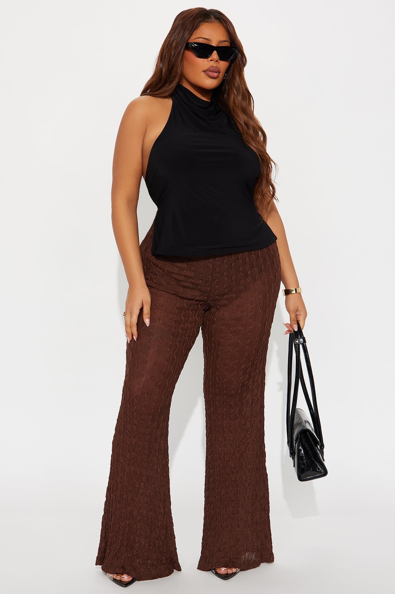 Romina High Rise Textured Flare Pant - Chocolate