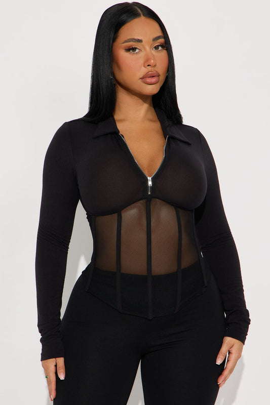 Nessie Long Sleeve Collared Corset Top - Black