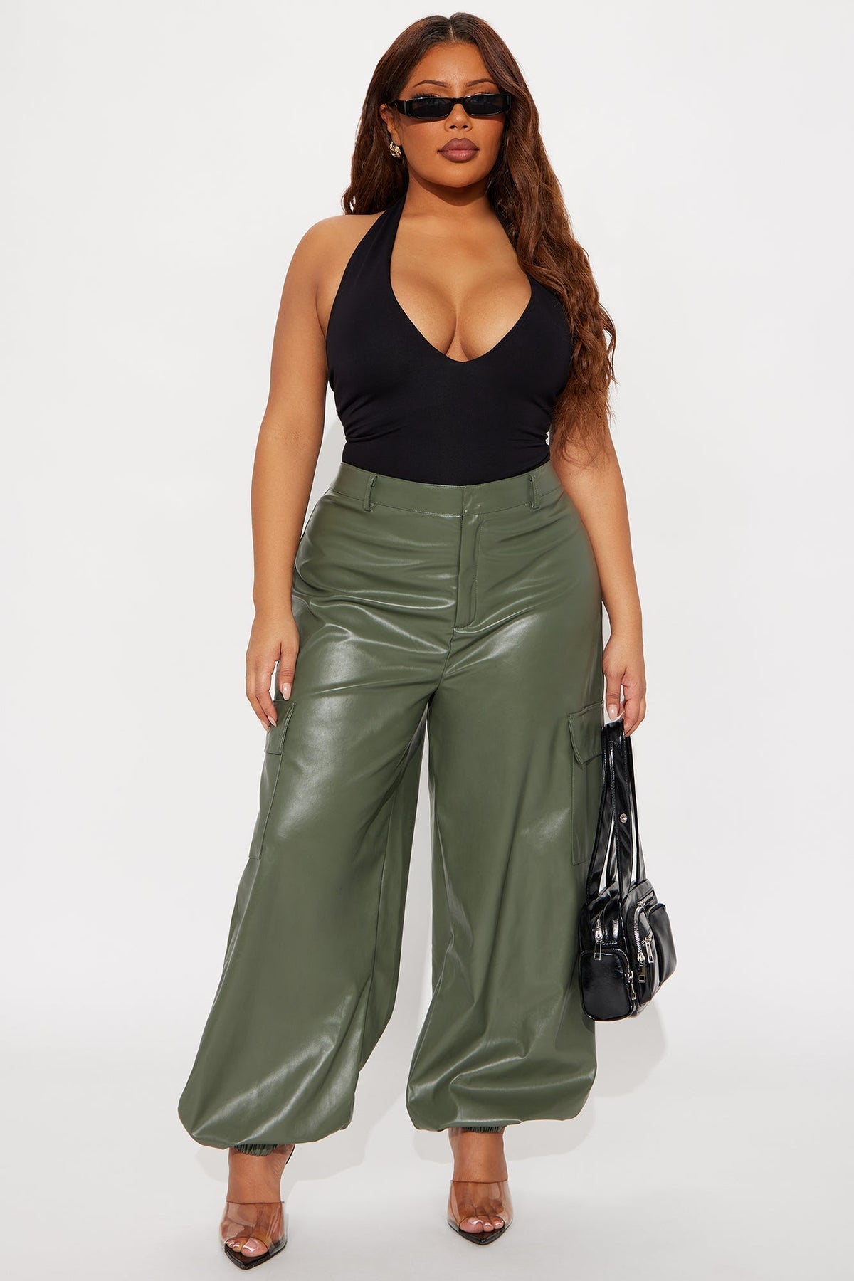 Velma Faux Leather Jogger Pants 29″ - Olive