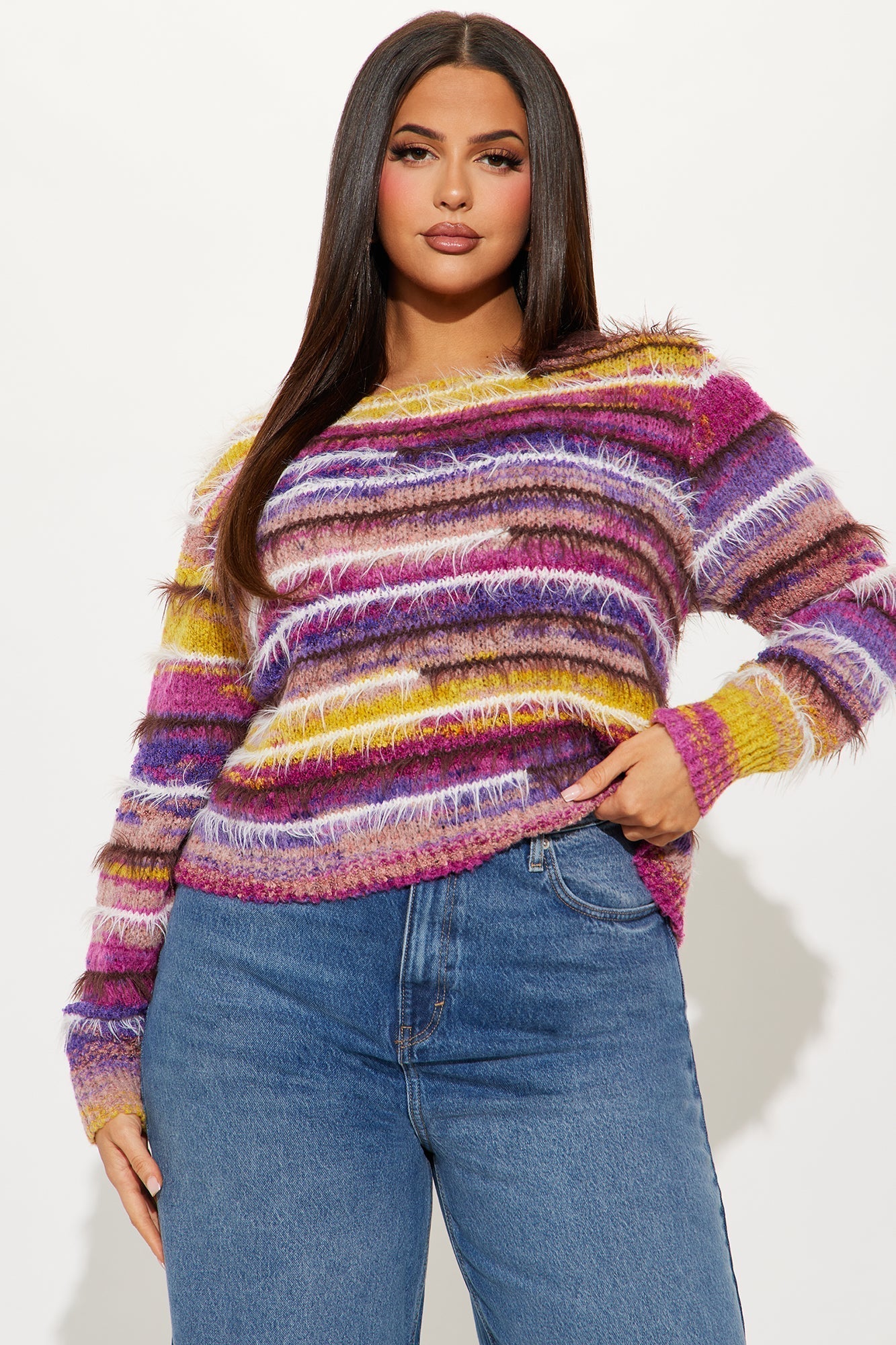 Calista Striped Fuzzy Sweater - Purple/combo