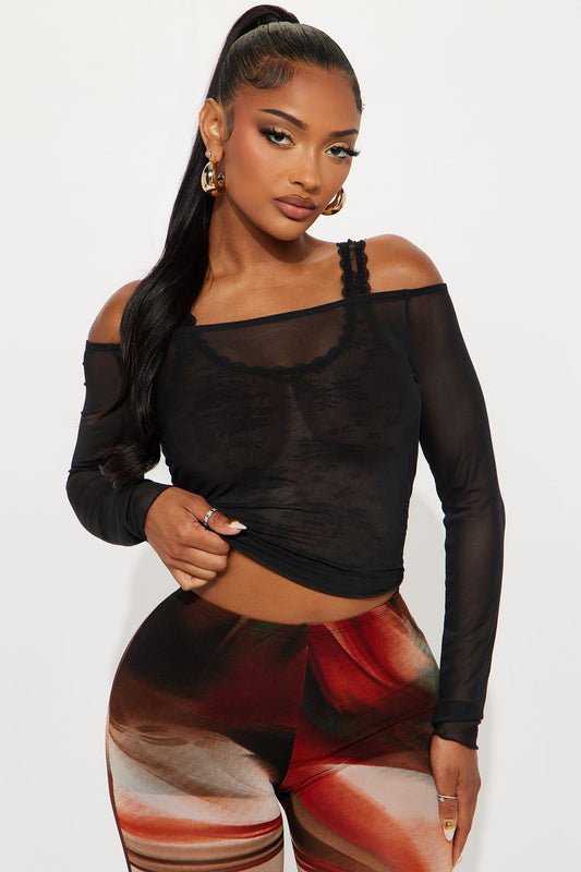 Classic Sign Mesh Long Sleeve Top - Black