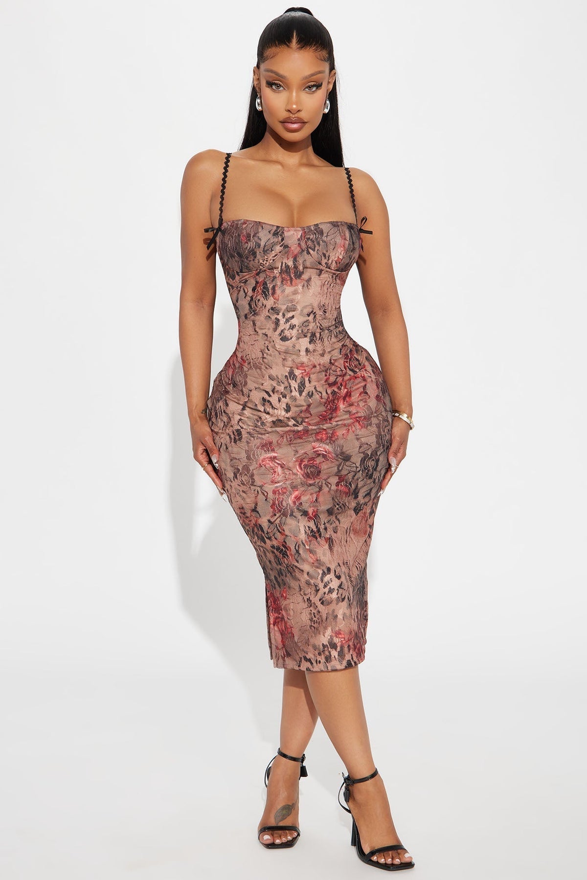 Sassy Lace Midi Dress - Brown/combo