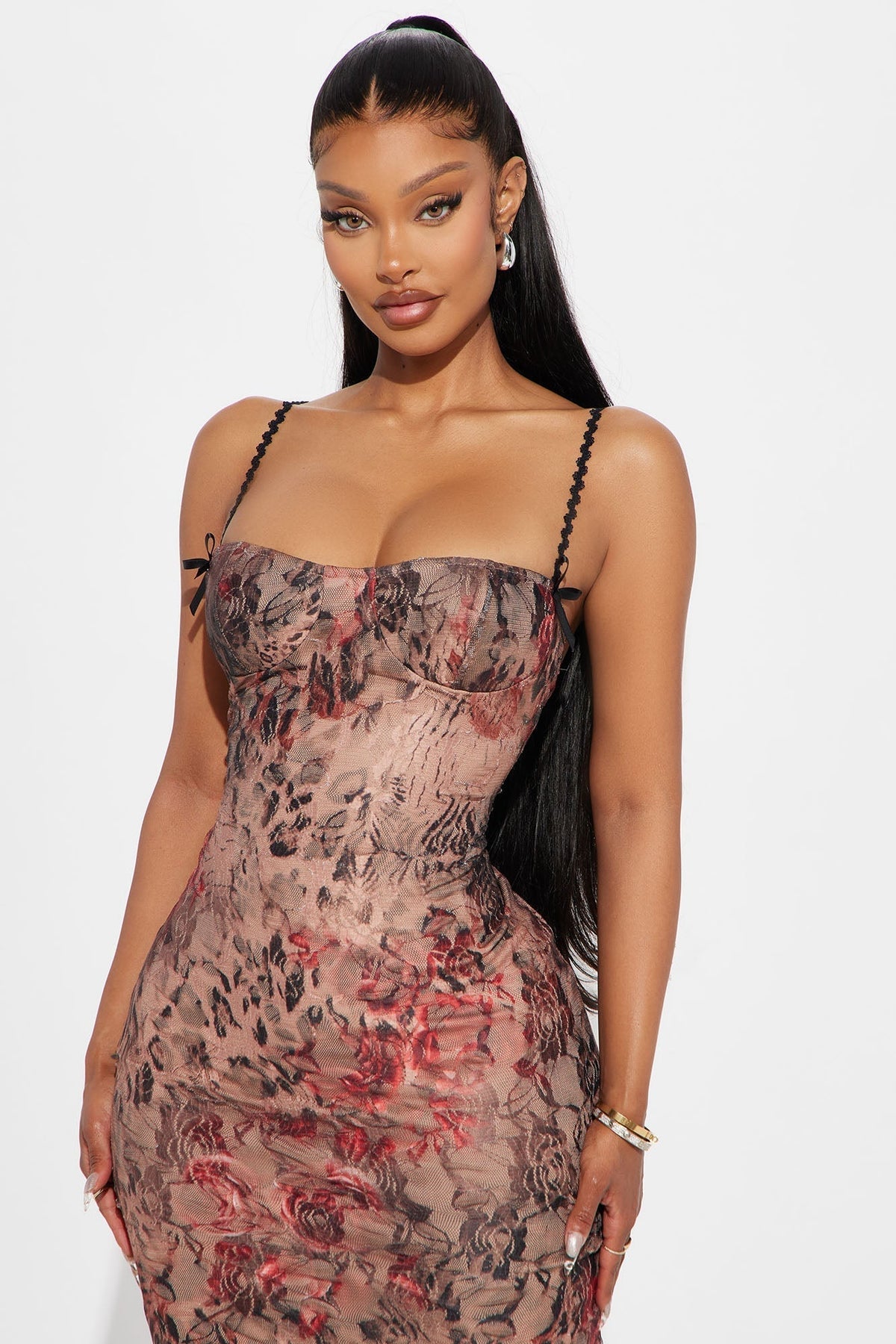 Sassy Lace Midi Dress - Brown/combo