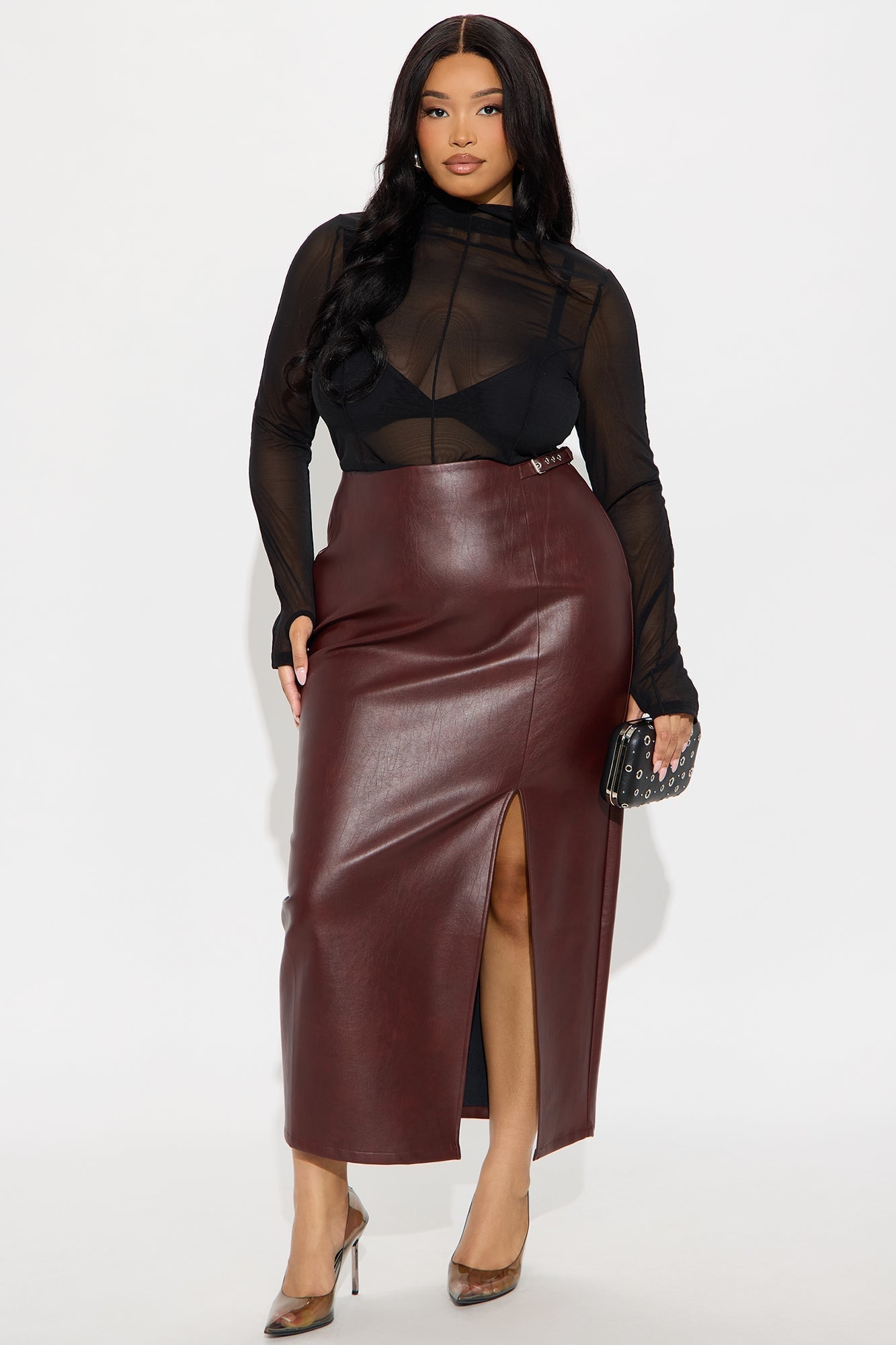 Bad For You Belted Faux Leather Maxi Skirt - Burgundy