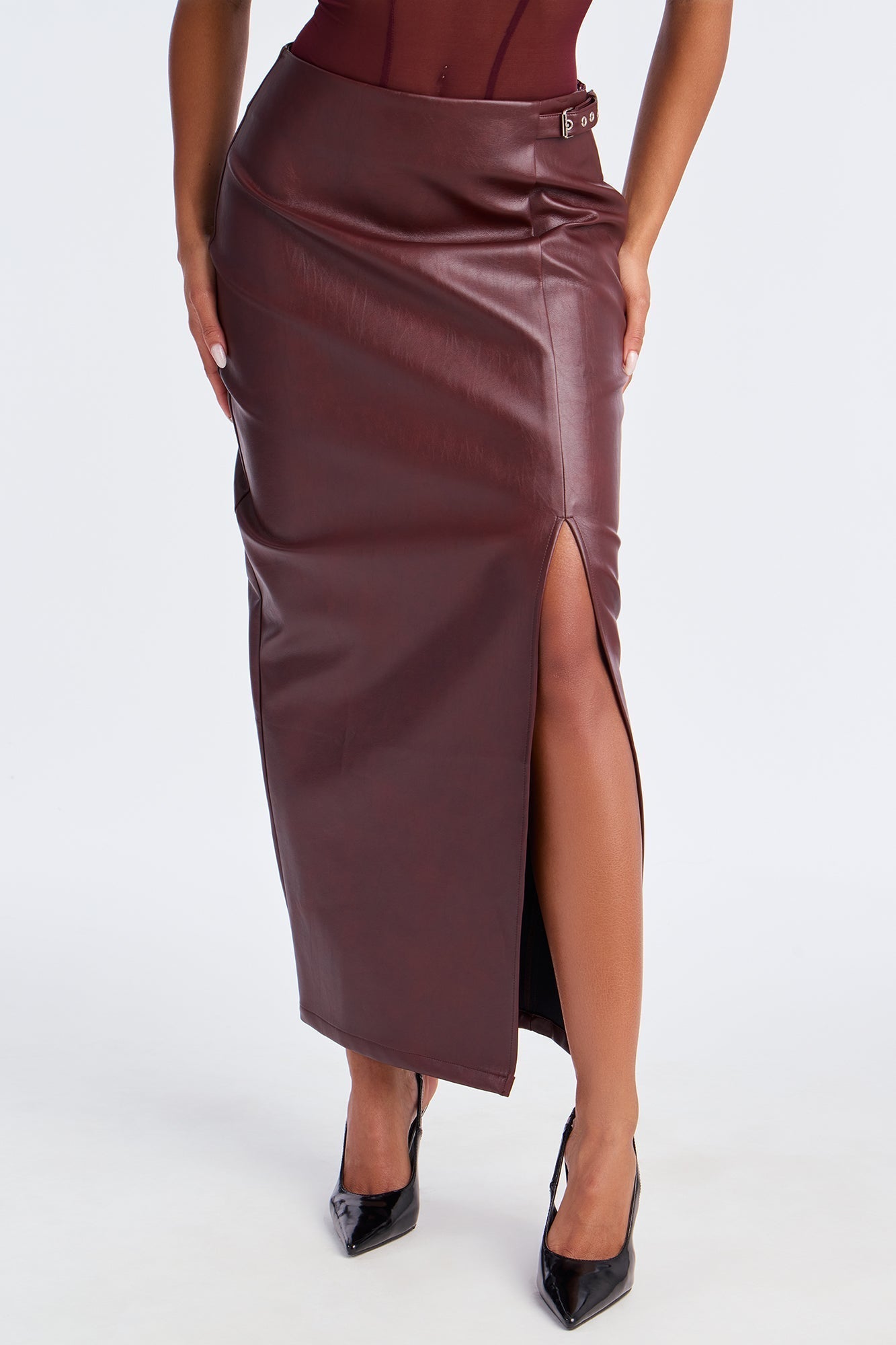 Bad For You Belted Faux Leather Maxi Skirt - Burgundy