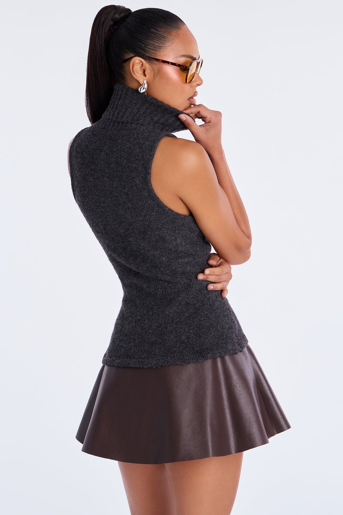 Fall Fling Turtle Neck Sweater Top - Charcoal