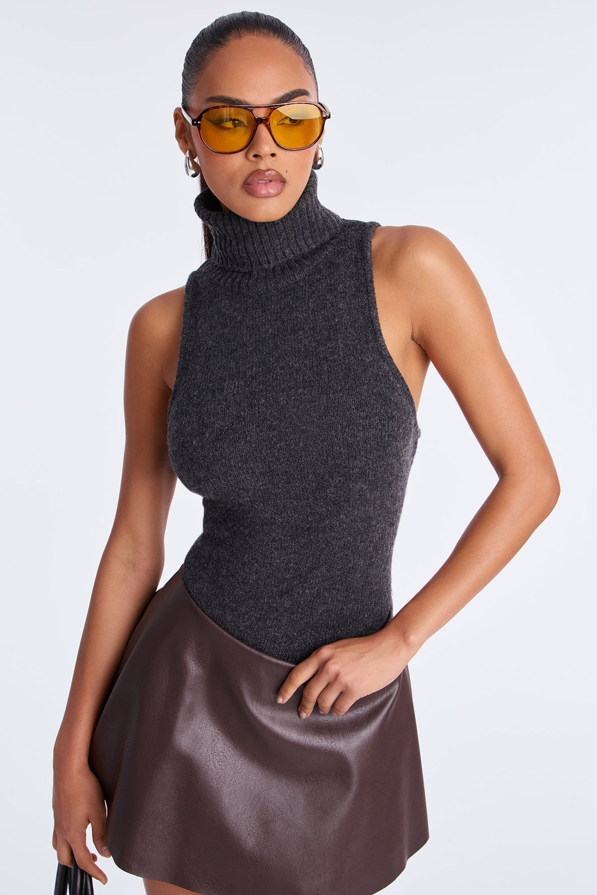 Fall Fling Turtle Neck Sweater Top - Charcoal