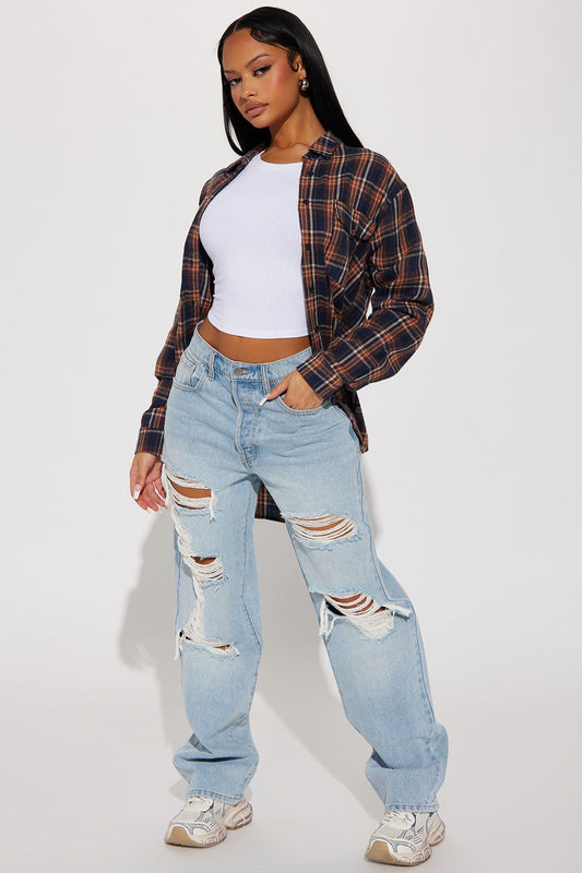 Seeking Thrills Shredded Straight Leg Jeans - Light Wash