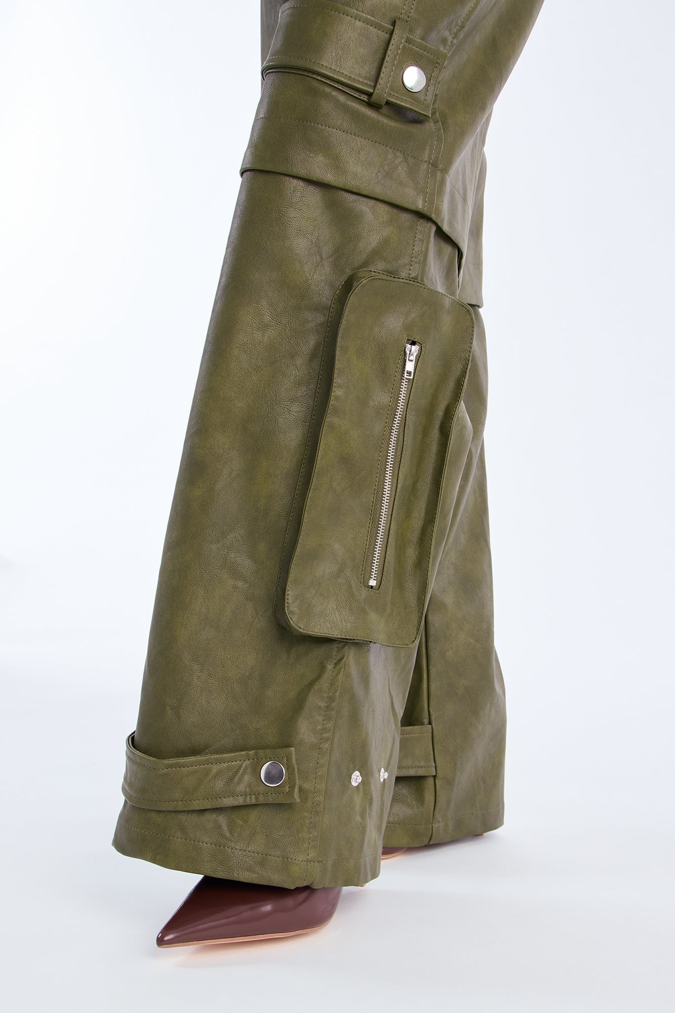 Street Heat Washed Faux Leather Cargo Pant - Military Green