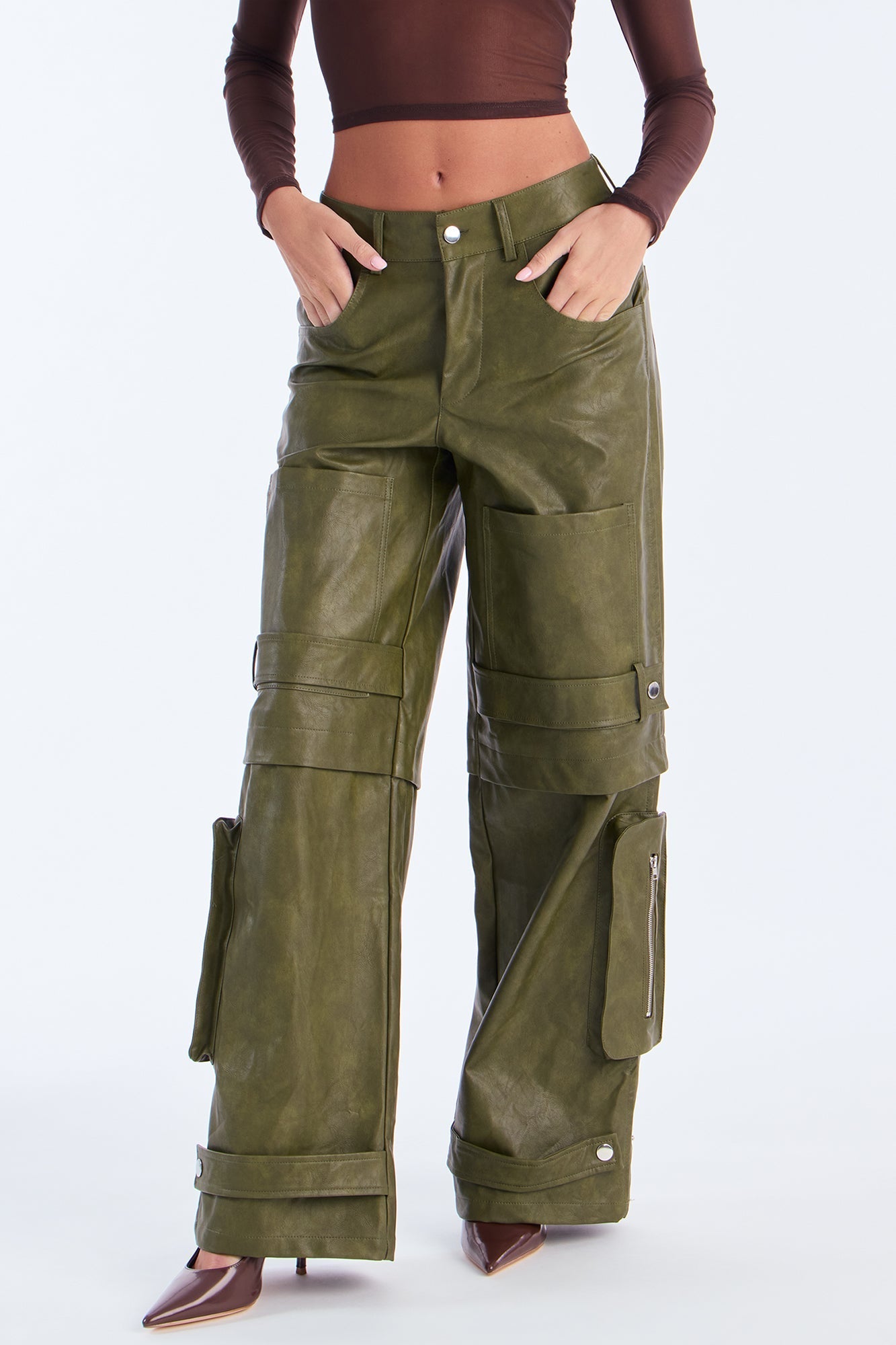 Street Heat Washed Faux Leather Cargo Pant - Military Green
