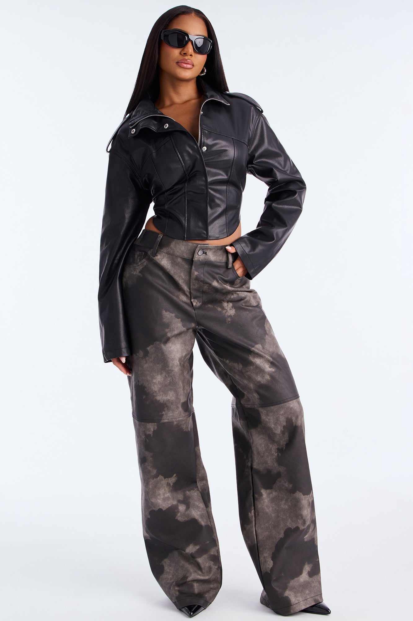 Jelina Washed Faux Leather Pant 33″ - Charcoal