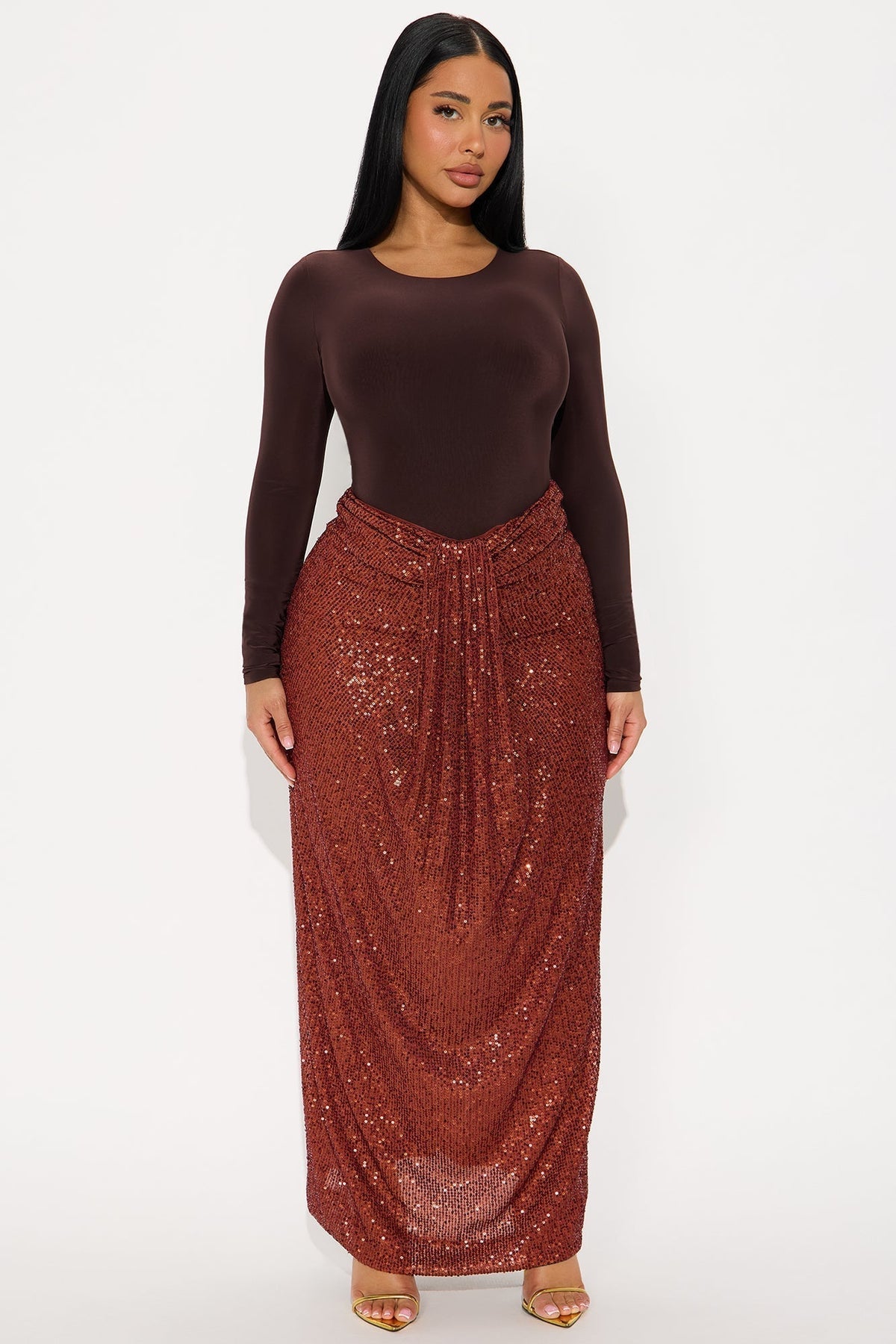 Party Time Sequin Drape Maxi Skirt - Rust