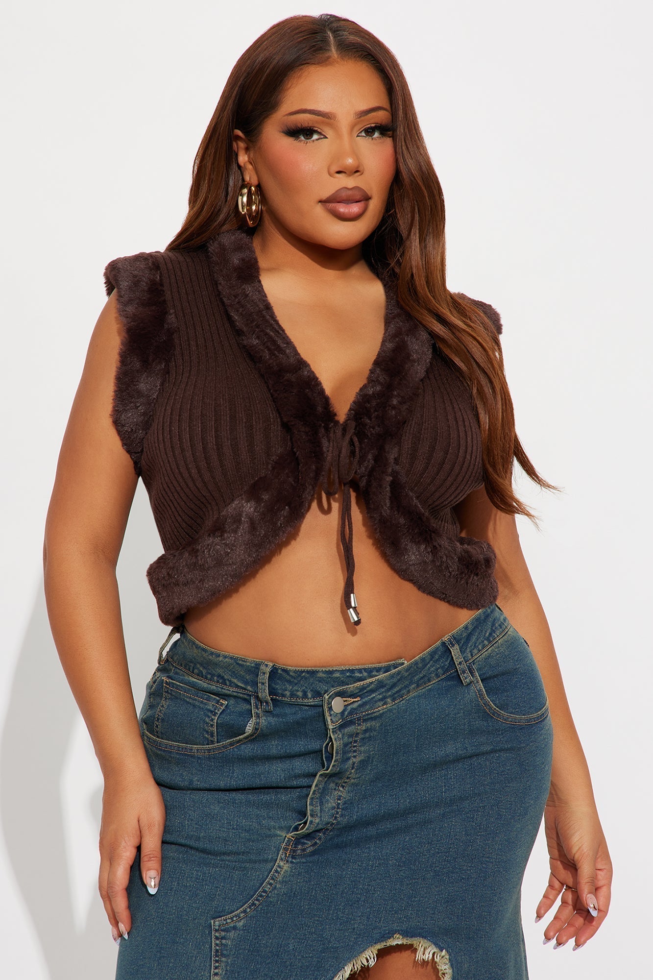Boss In Faux Fur Sweater Top - Chocolate