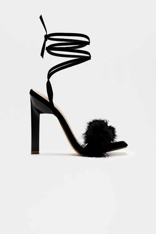 Aubrie Feather Wrap Up Heels - Black