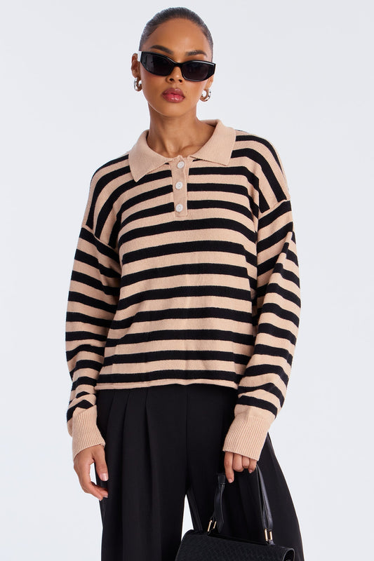Elaia Striped Polo Sweater - Taupe/combo