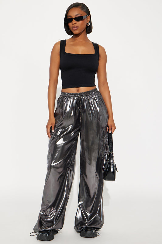 Roxie Metallic Wide Leg Cargo Pants 30″ - Gunmetal