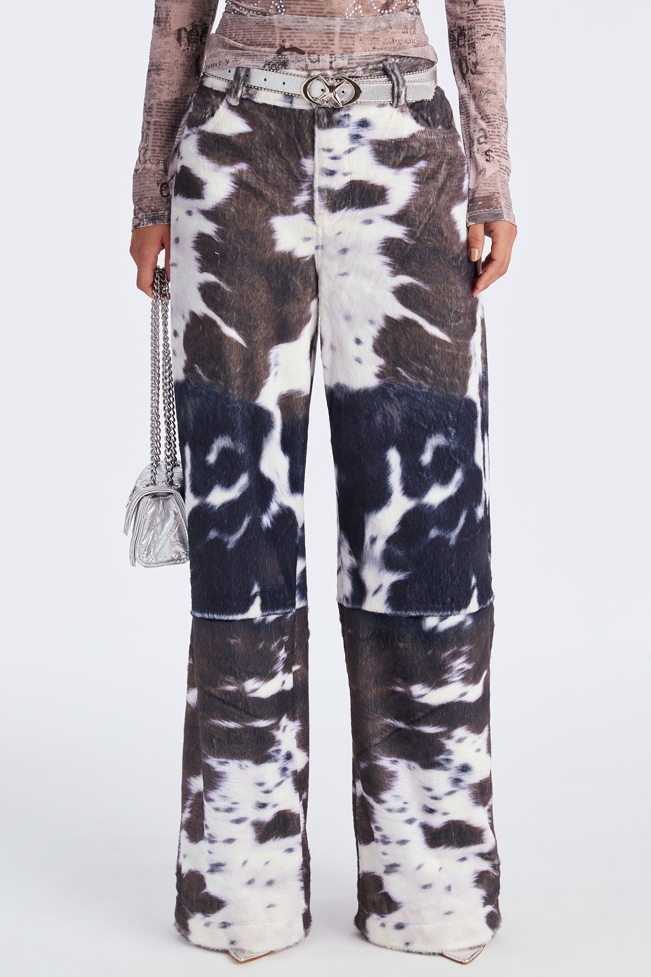 Early Dawn Faux Fur Cow Print Wide Leg Pant 33 - Black/White