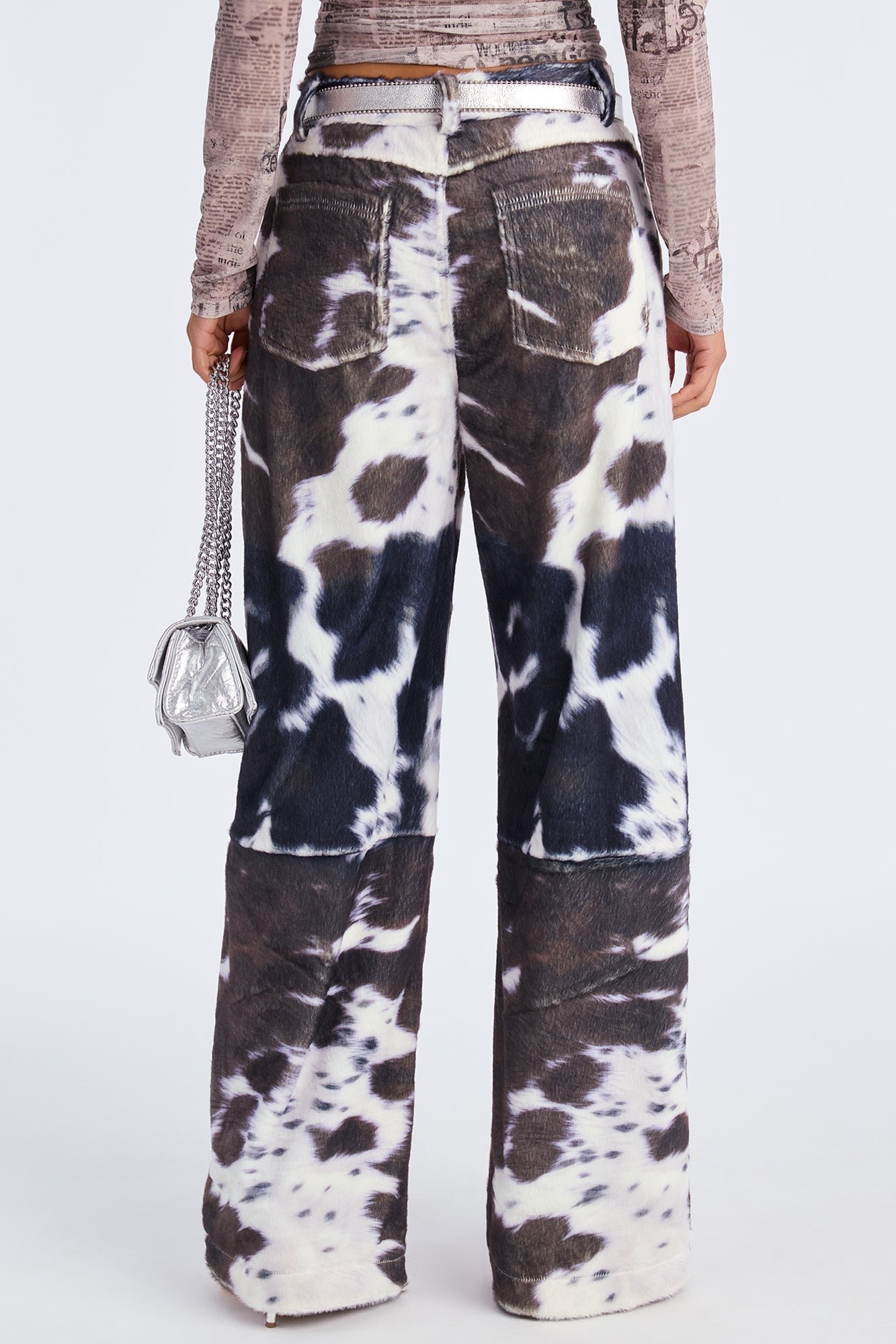 Early Dawn Faux Fur Cow Print Wide Leg Pant 33 - Black/White