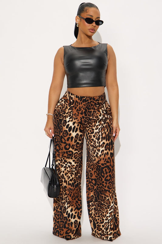 Level You Up Leopard Wide Leg Twill Pant 32″ - Leopard