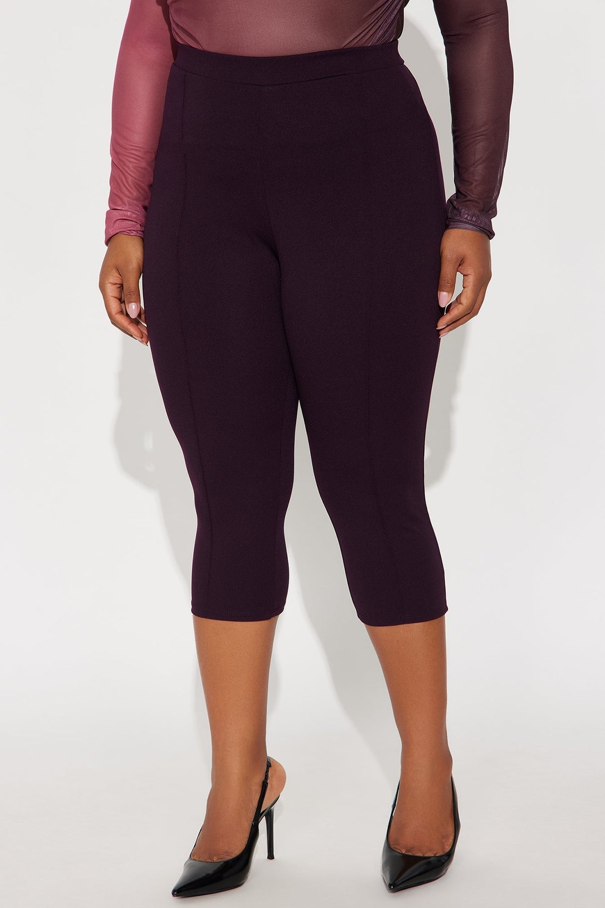 Brenda Mid Rise Knit Crepe Pintuck Capri Legging 21″ - Plum