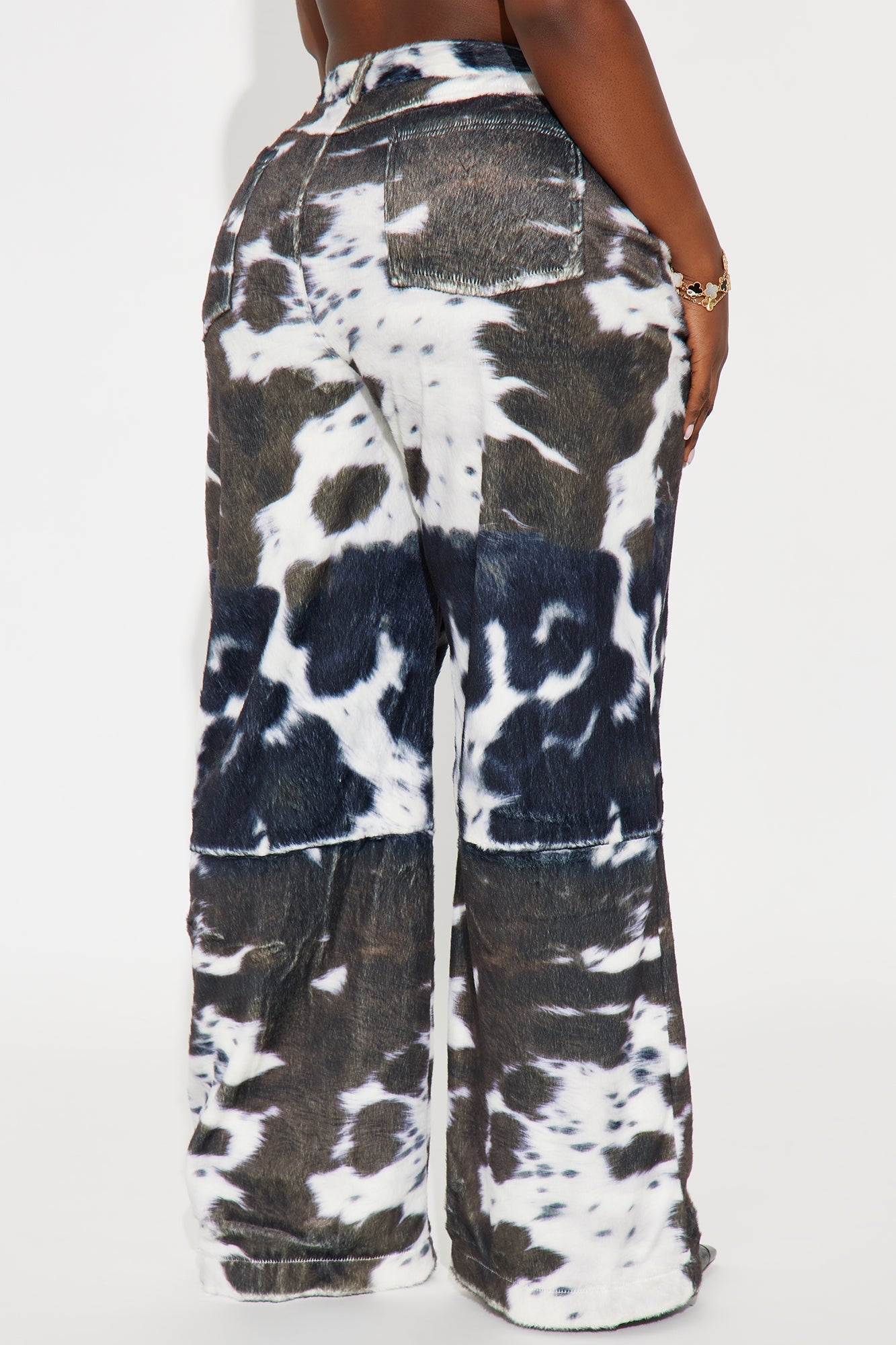 Early Dawn Faux Fur Cow Print Wide Leg Pant 33 - Black/White