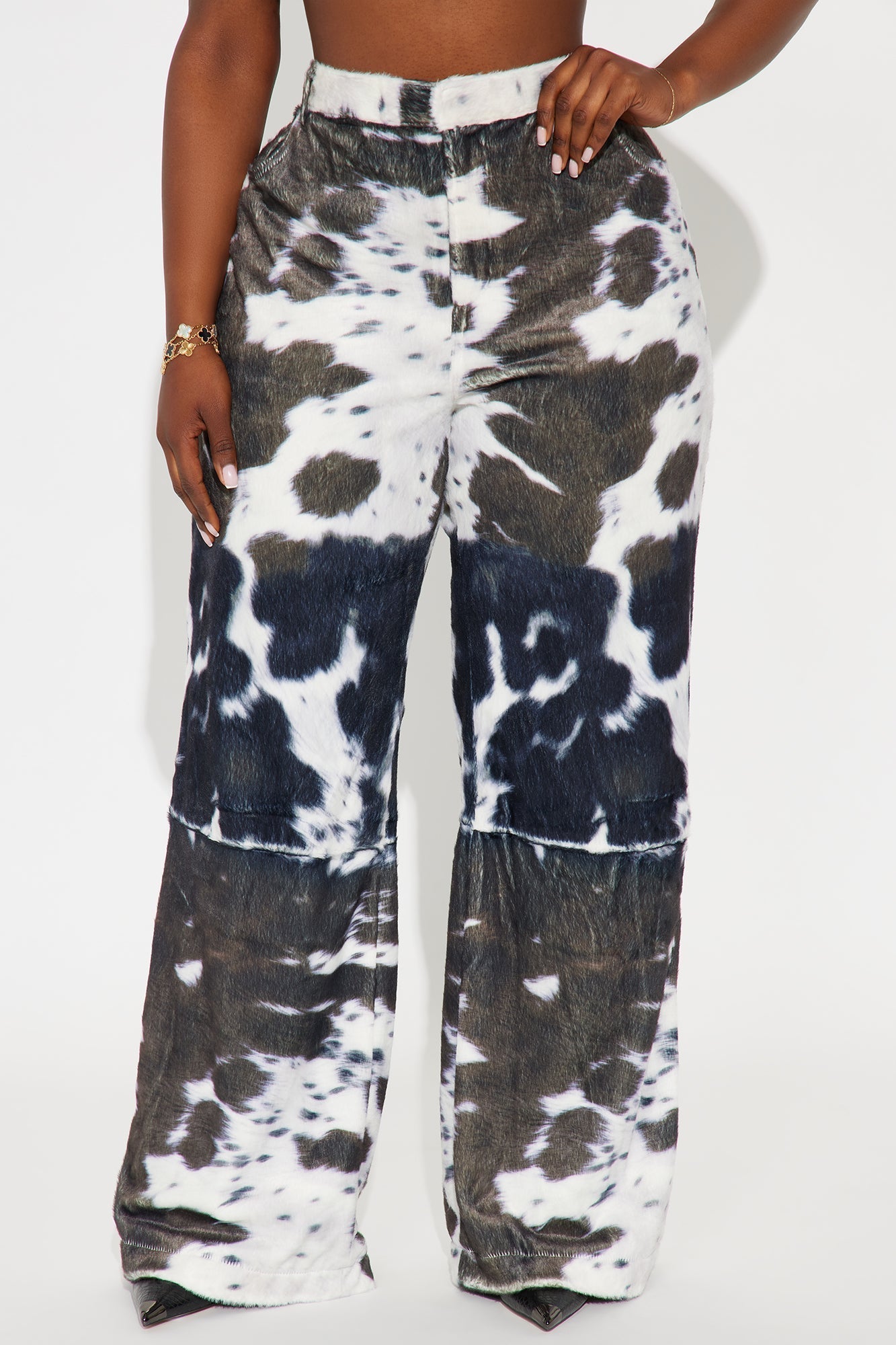 Early Dawn Faux Fur Cow Print Wide Leg Pant 33 - Black/White