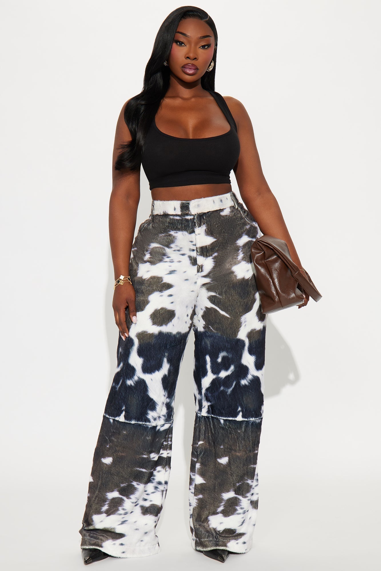 Early Dawn Faux Fur Cow Print Wide Leg Pant 33 - Black/White