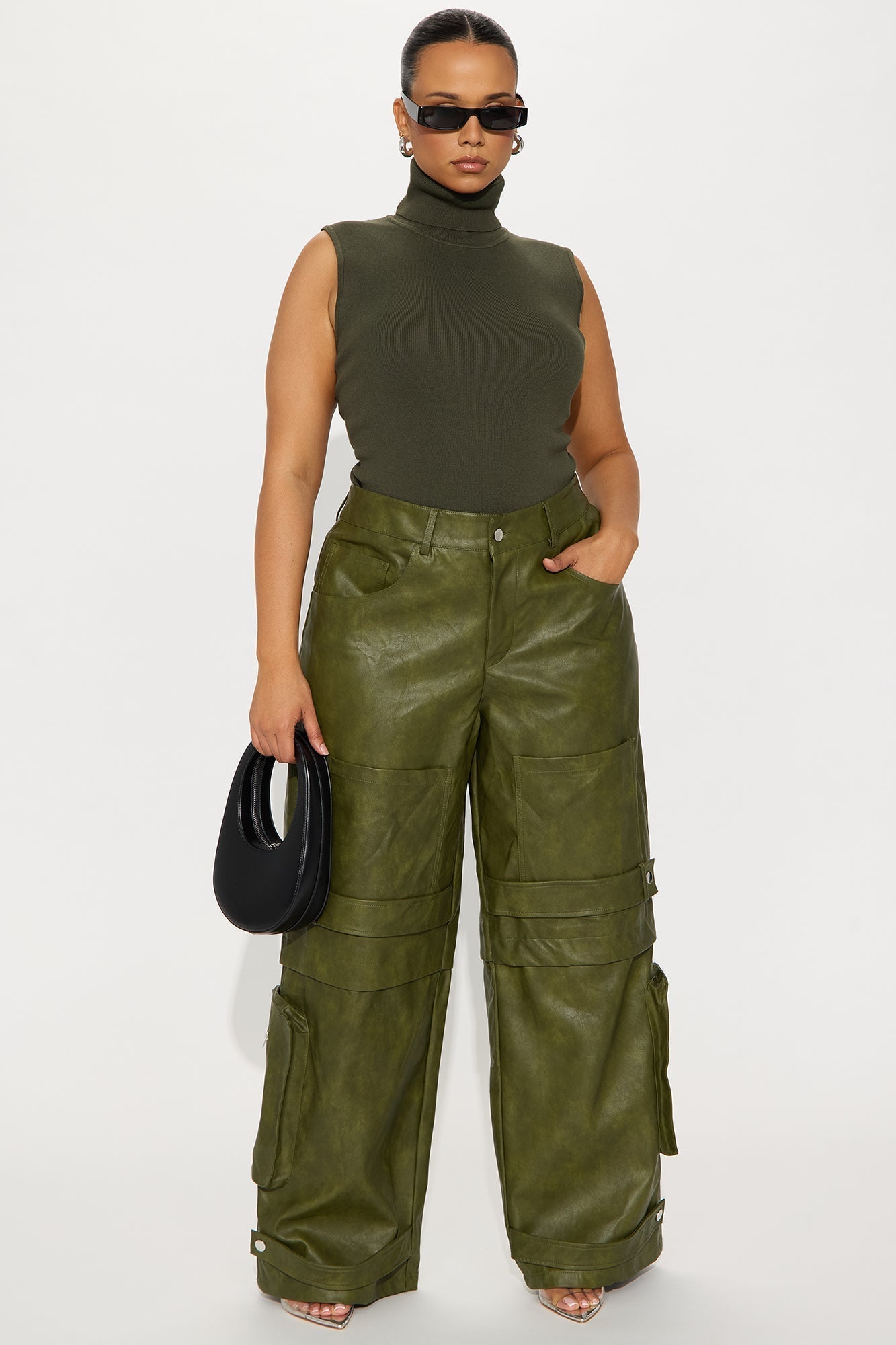 Street Heat Washed Faux Leather Cargo Pant - Military Green
