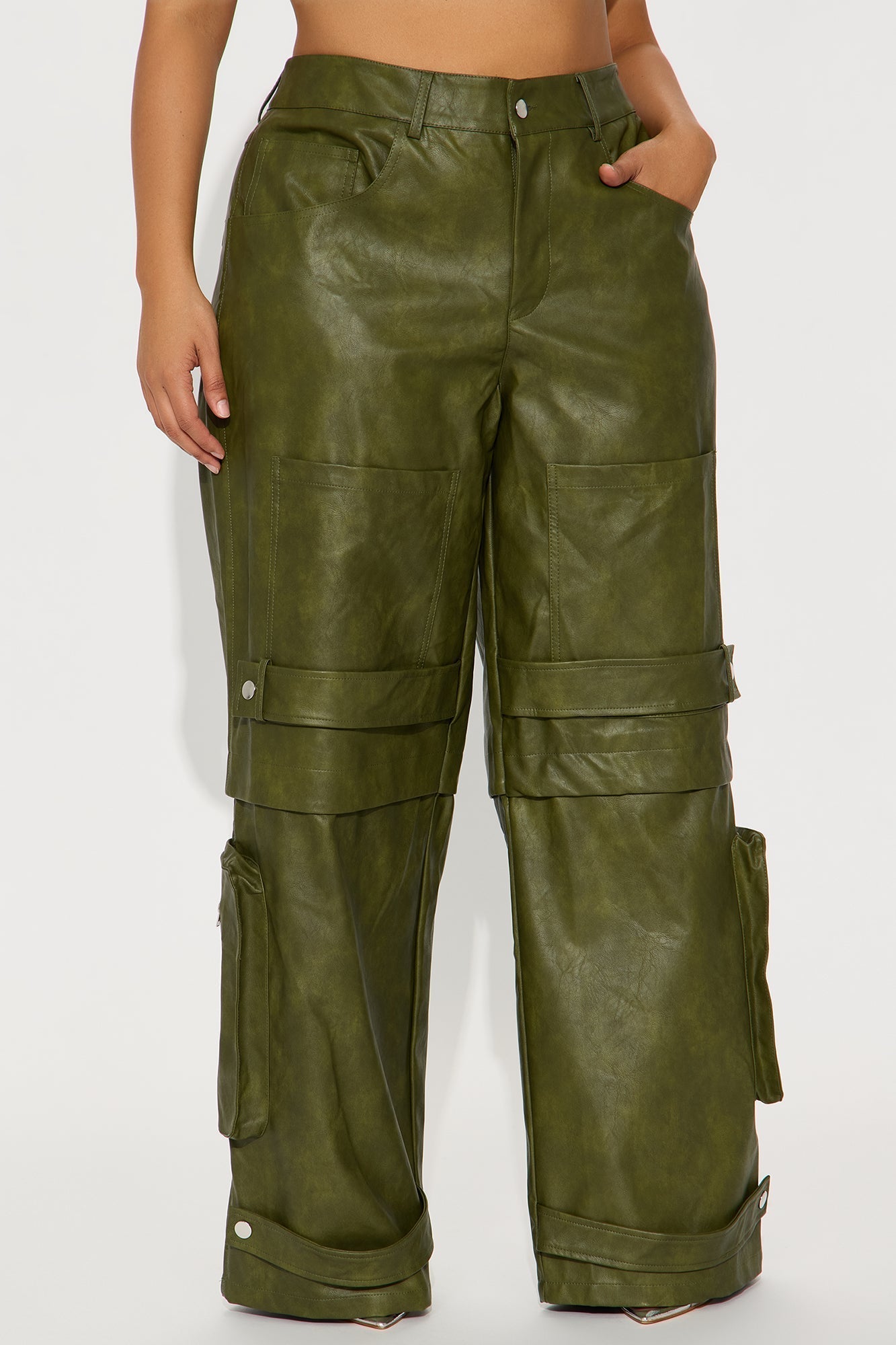 Street Heat Washed Faux Leather Cargo Pant - Military Green