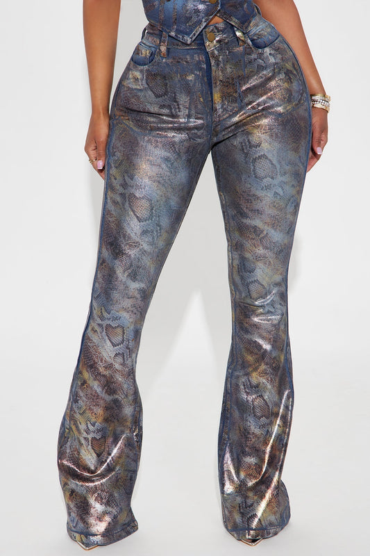 Sneaky Games Animal Print Foil Flare Jeans - Dark Wash