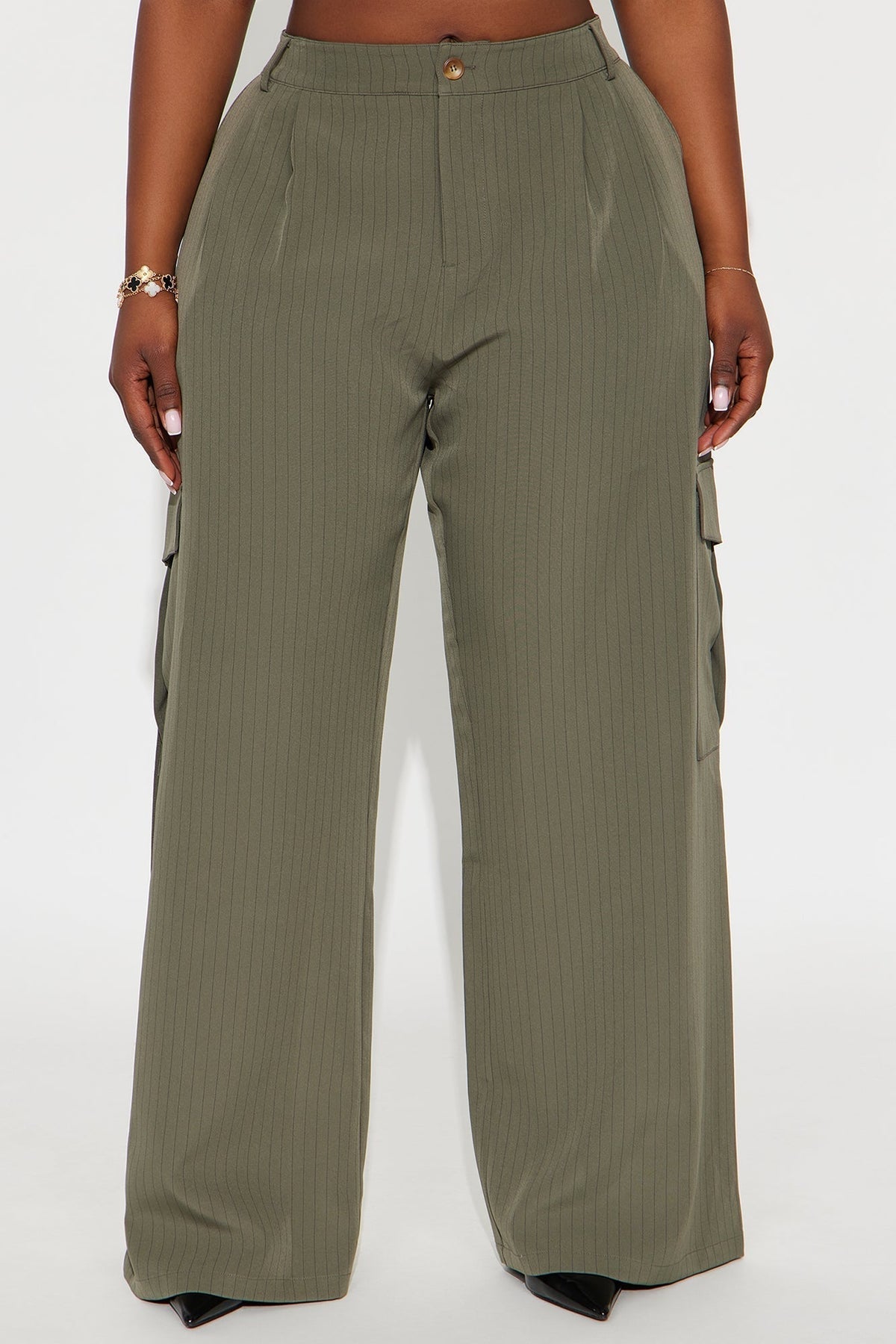 Atiya Pinstripe Wide Leg Cargo Pant 32″ - Olive