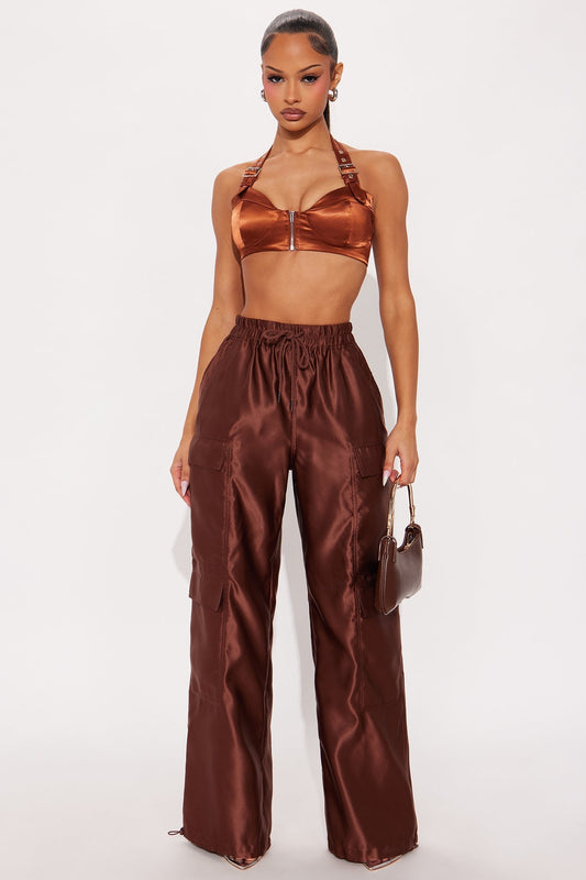 Gemma Cargo Satin Jogger Pant - Chocolate