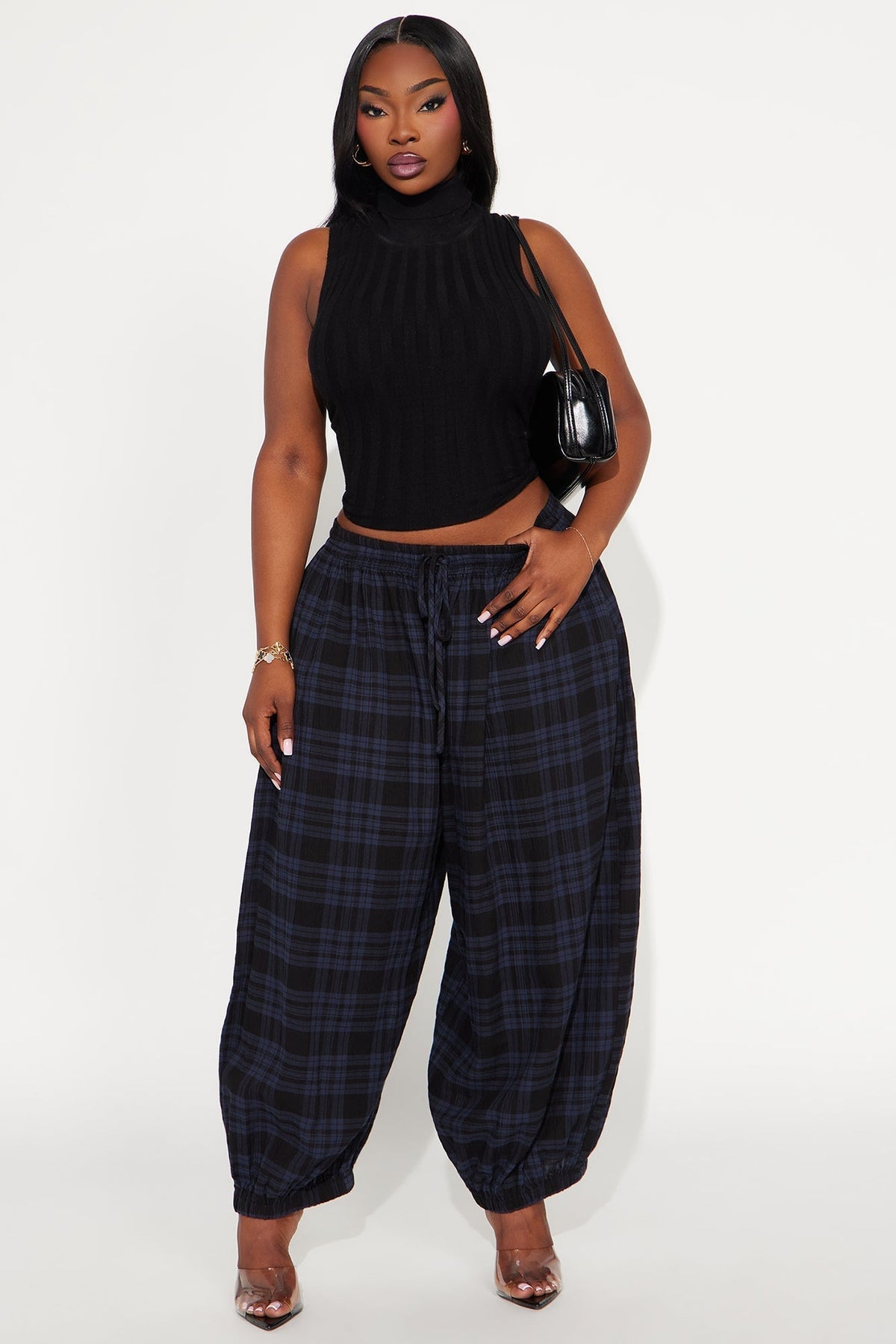 Jolene Plaid Barrel Pant - Navy