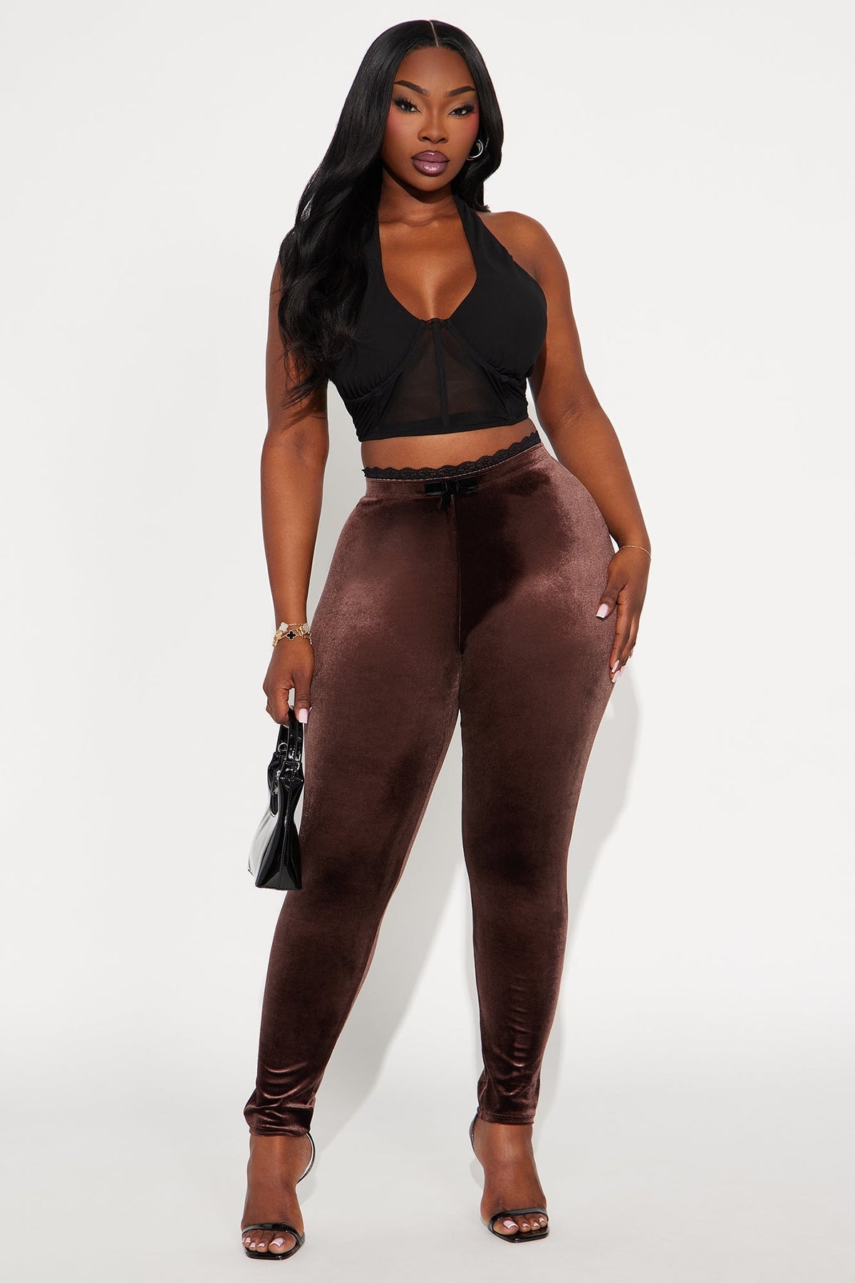 Valentina Solid Lace Trim Velvet Legging - Chocolate