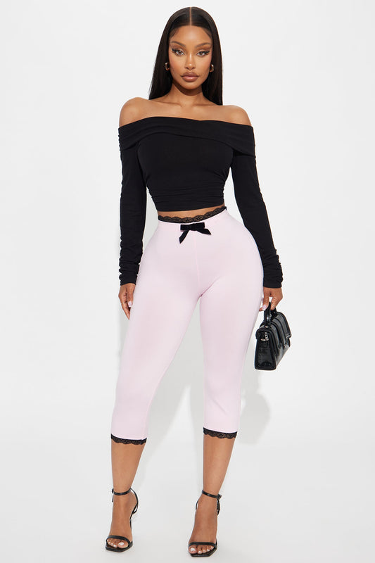 Valentina Solid Lace Trim Capri Legging - Pink